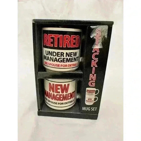 Our name Is Mud Laurie Veasey Set 2 Stackable Retirement Mugs White/Red - Picture 1 of 5